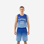 Custom blue basketball uniforms with royal to powder blue gradient and white pinstripes shown front and back as a two-piece team set