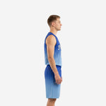Front view of custom blue basketball uniforms with arced team name, front number 00, and gradient pinstripe jersey and shorts