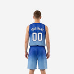Reverse side view of custom blue basketball uniforms displaying the pinstripe pattern across the jersey and matching shorts
