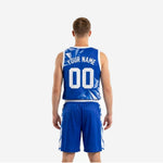 Opposite side view of custom blue basketball uniform set showing matching royal blue jersey and shorts geometric print detail