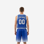 Opposite side view of custom blue basketball uniforms showing white armhole binding, burst pattern transition, and blue and white shorts with drawcord waist