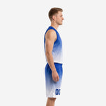 Side view of custom blue basketball uniforms showing the continuous royal-blue-to-white gradient fade on the sleeveless jersey and matching shorts