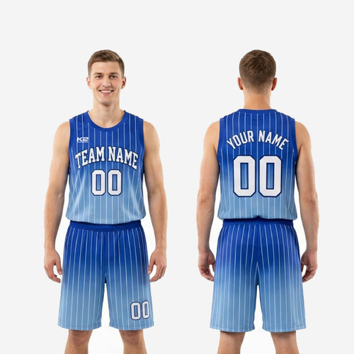 Size and spec sheet for custom blue basketball uniforms showing youth and adult sizing options for full roster orders