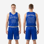 Size and specification sheet for custom blue basketball uniforms showing youth and adult sizing options for the royal blue jersey and shorts set