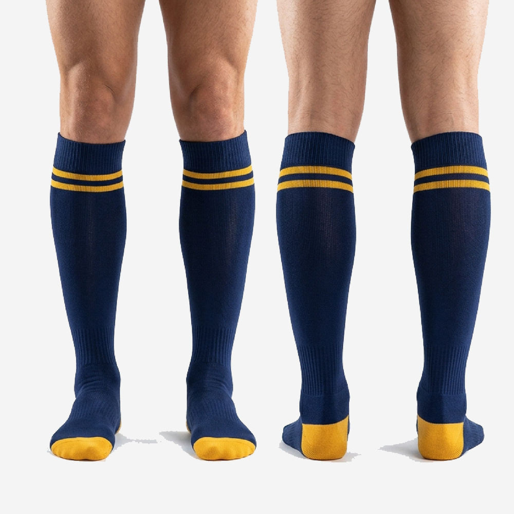 Custom Blue and Gold Soccer Socks with Team Name and Numbers