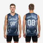 Size and spec chart for the custom blue and gray sublimated basketball jersey covering youth and adult sizing for team roster orders