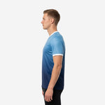 Custom blue and white training jersey right side view displaying full gradient fade from sky blue to navy on male model