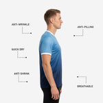 Close-up of white contrast V-neck trim on custom blue and white training jersey
