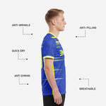 Back view of custom blue and white soccer jersey with player surname and number printed in Neon Yellow on Royal Blue full-dye sublimated fabric