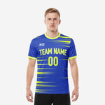 Custom blue and white soccer jersey with Neon Yellow stripe pattern and team name printed on front chest, worn by adult male model