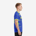 Left side view of custom Royal Blue short sleeve soccer jersey with Neon Yellow side panel accent and double-band sleeve cuff trim