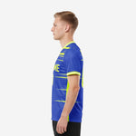 Right side view of custom blue and white soccer jersey showing Neon Yellow stripe design and back player name on Royal Blue fabric