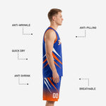 Back view of custom blue and orange basketball uniform showing back player name and number in white with orange outline on royal blue jersey