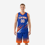 Custom blue and orange basketball uniforms with diagonal slash graphic, arced team name, front and back numbers, full sublimation on jersey and shorts