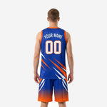 Opposite side view of custom blue and orange basketball uniform set showing diagonal white and orange slash lines continuing across the shorts leg