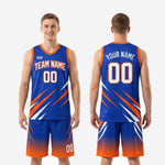Size and specification sheet for custom blue and orange basketball uniforms, youth and adult sizing available in one roster order