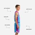 Back view of custom blue and white youth basketball uniform showing back number and name print zones on sky-blue jersey