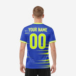 Close detail of custom blue soccer jersey showing Neon Yellow team name and front number sublimated into Royal Blue polyester