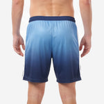 Close detail of white side stripe on custom blue and white soccer shorts with navy hem finish