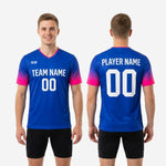 Back view of custom blue soccer training jersey with hot pink gradient sleeves and sublimated player number and surname zones
