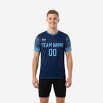 Men's custom blue soccer training jersey in Navy Blue with Sky Blue geometric sleeve panels, chest team name and number printed, crew neck, front view