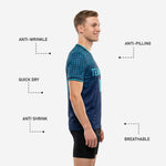 Back view of custom blue soccer training jersey showing player number and surname print zones in teal