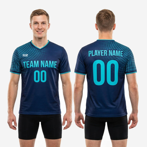 V-neck collar and sleeve cuff teal contrast trim detail on custom blue soccer training jersey