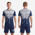 Blue and white soccer uniform back view showing player name and number print zones on full-dye sublimated navy jersey
