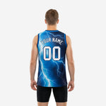 Back view of royal blue and white sublimated basketball jersey showing back name and number placement over the lightning storm graphic