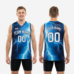 Close detail of V-neck binding and lightning graphic on custom blue and white basketball jersey showing sublimated print quality