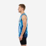 Left side view of custom blue and white basketball jersey with electric blue to navy gradient and white lightning streaks across the side panel