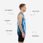 Size and spec chart for custom blue and white sublimated basketball jerseys showing youth and adult sizing measurements