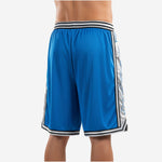Back view of custom blue and white basketball shorts with elastic waistband and sublimated side panel construction