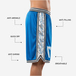 Detail of sublimated waistband stripe and lightning bolt side panel on custom royal blue and white basketball shorts