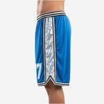 Opposite side view of custom royal blue basketball shorts with elastic waistband stripe detail and side panel graphic