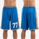 Size and specification sheet for custom blue and white basketball shorts available in youth through adult sizing