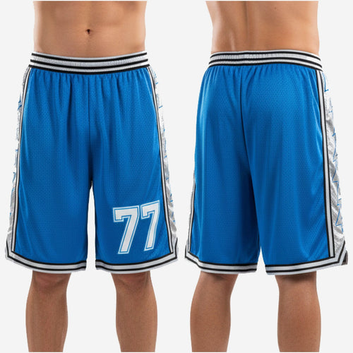 Size and specification sheet for custom blue and white basketball shorts available in youth through adult sizing