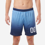 Custom blue and white soccer shorts with sky blue to navy gradient and white player number on right thigh
