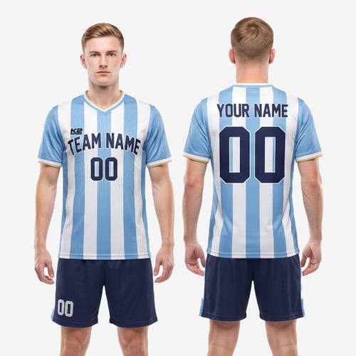 Custom Blue and White Soccer Uniforms - Stripe, Moisture-Wicking
