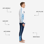 Side detail of navy soccer track pants with powder blue stripe panel showing tapered cut and elastic waistband on custom tracksuit set