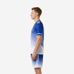 Second side view of custom blue and white soccer uniform displaying full gradient fade from Royal Blue to white
