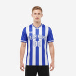 Custom blue and white soccer jersey with Royal Blue and Pure White vertical stripes, team name and number on front, V-neck, short sleeve
