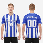 Full body view of custom blue and white vertical stripe soccer jersey made to order for club and youth teams