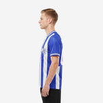 Right side view of custom blue and white striped soccer jersey with white contrast cuff stripe detail on short sleeve