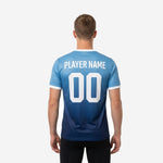 Custom blue and navy soccer training jersey back view showing player number and surname print placement