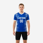 Custom blue and white training jersey front view, Royal Blue with horizontal white speed-stripe sublimation and V-neck collar, mens adult model