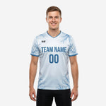 Custom blue and white training jersey with frost branch sublimation print and Steel Blue team name on chest, front view