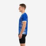 Custom blue and white training jersey right side view displaying Royal Blue body with white speed-stripe print and athletic cut fit on mens model