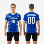 Custom blue and white training jersey sleeve cuff detail showing white trim band and sublimated Royal Blue performance polyester fabric