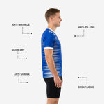 Close-up of custom blue and white training jersey V-neck collar with white contrast trim and sublimated stripe pattern beginning at the shoulder